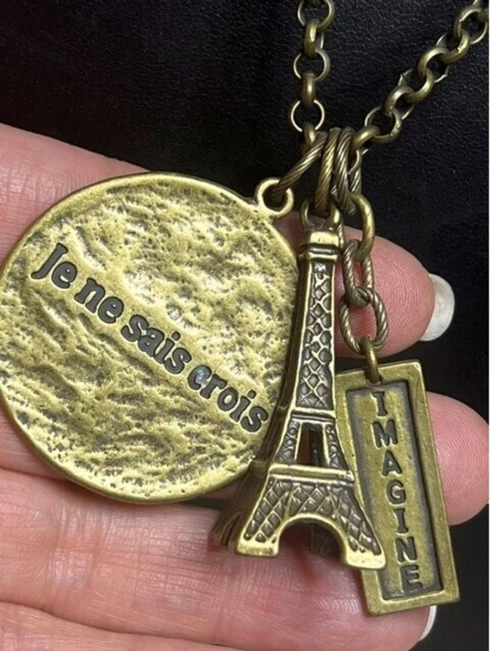 B6664 Mudpie Eiffel Tower French Quote Pendant Necklace Antique Gold Tone 32